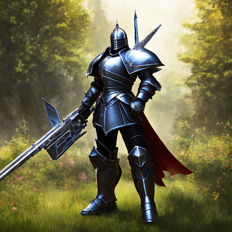 Knight in shining armor with lance and gun in forest clearing