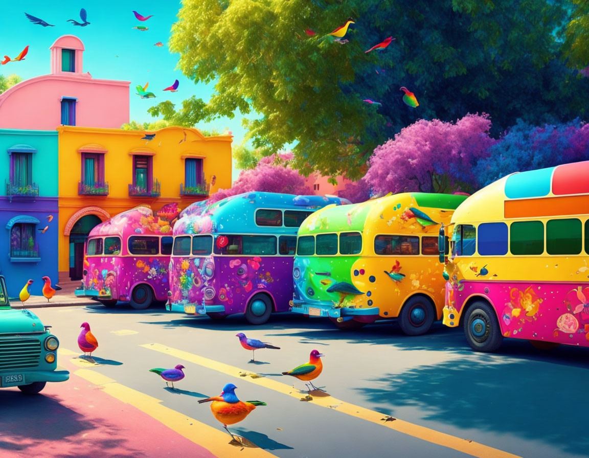 Vibrant street scene with colorful buses, buildings, trees, and birds.