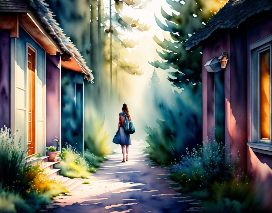 Colorful houses and sunlit path in watercolor art