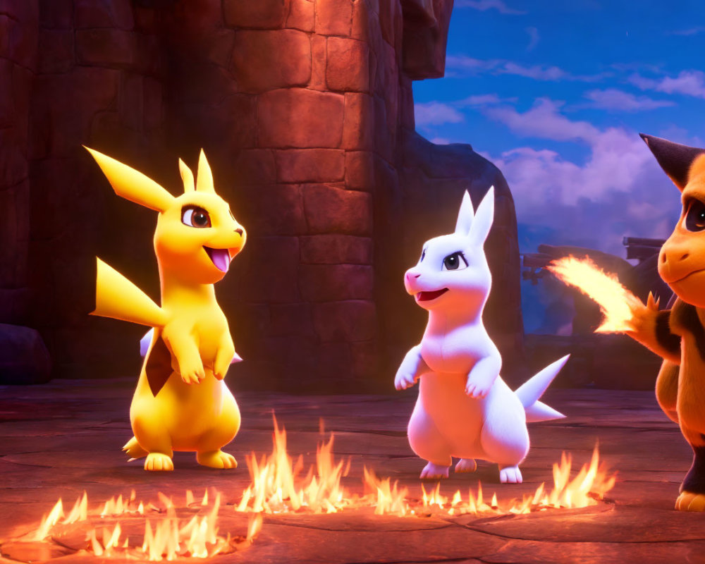 Animated Pikachu, Machop, and Charmander near ring of fire