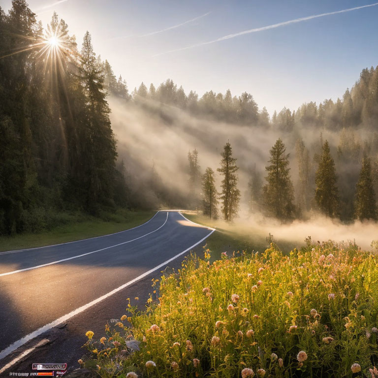 Tranquil Forest Road with Sunlight, Mist, and Wildflowers