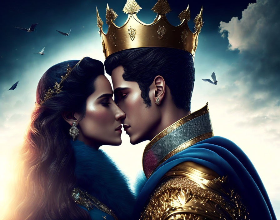 Regal King and Queen in Profile with Golden Crowns and Twilight Sky