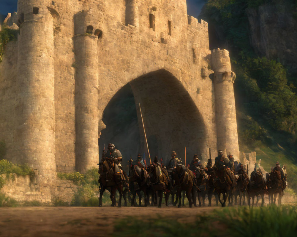 Armored knights on horseback exiting stone castle gate amidst lush greenery.