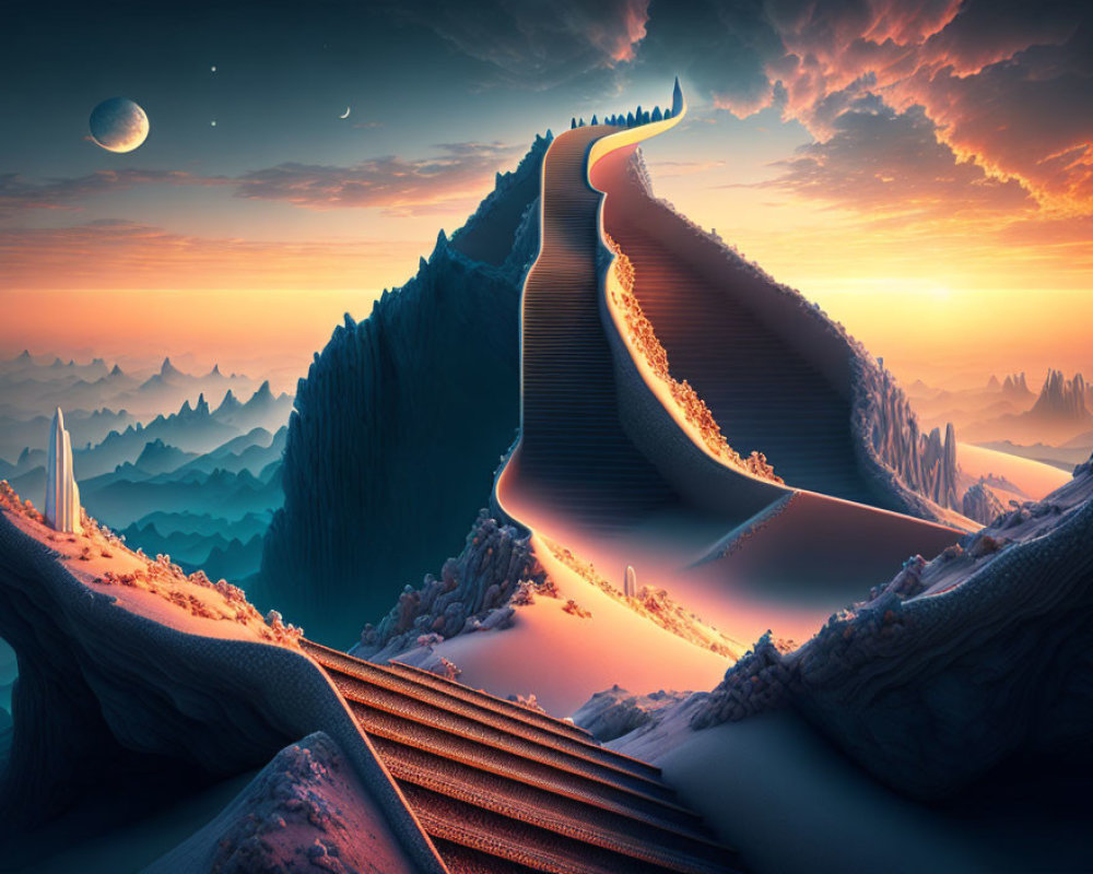 Surreal landscape: winding staircase on ridge, misty valley, sunset, planets in twilight sky