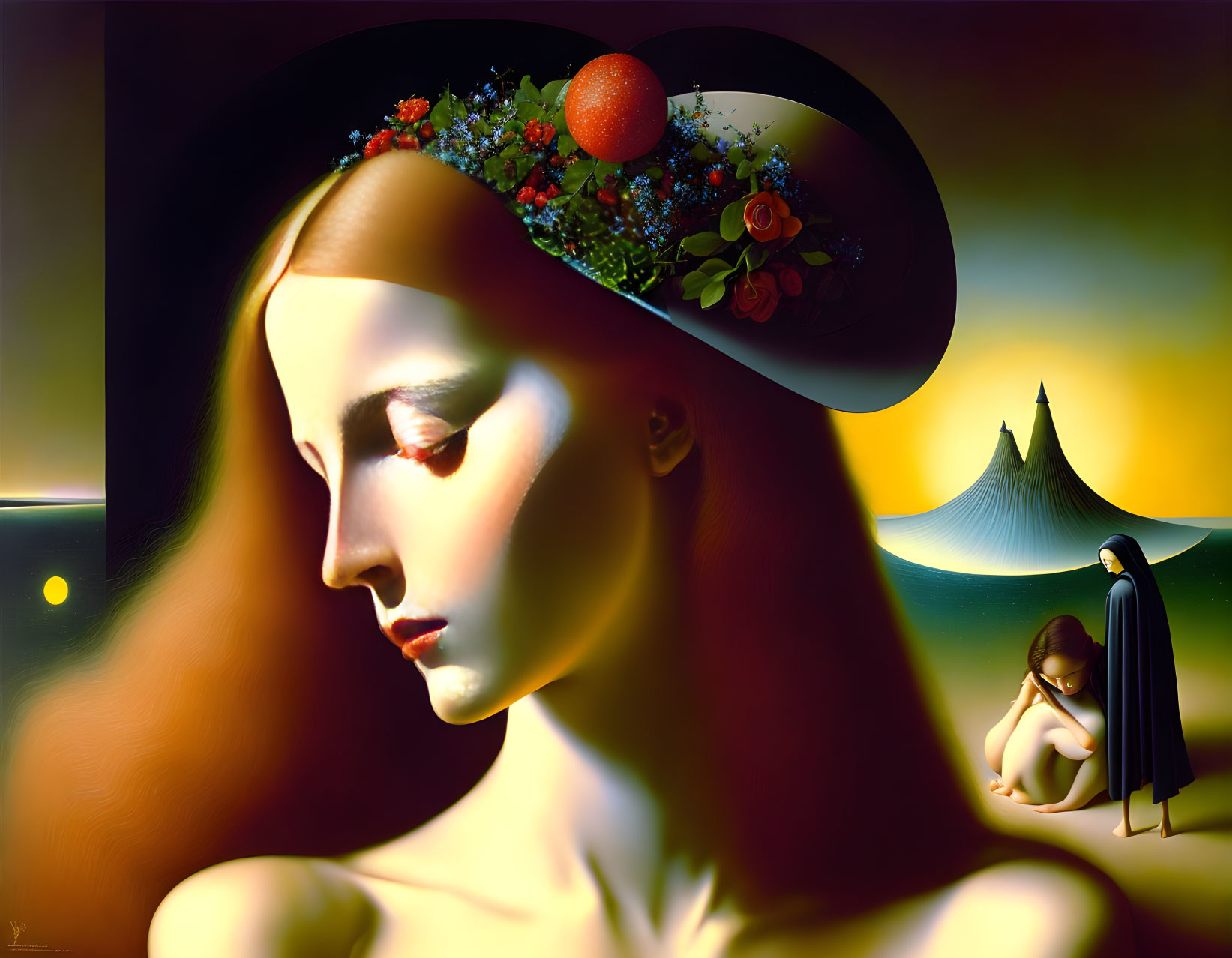 Surrealistic painting: Woman with floral hat, shadows, light, cloaked figure, mountains