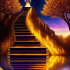 Mystical illustration of figure on golden staircase with starry sky and water reflection