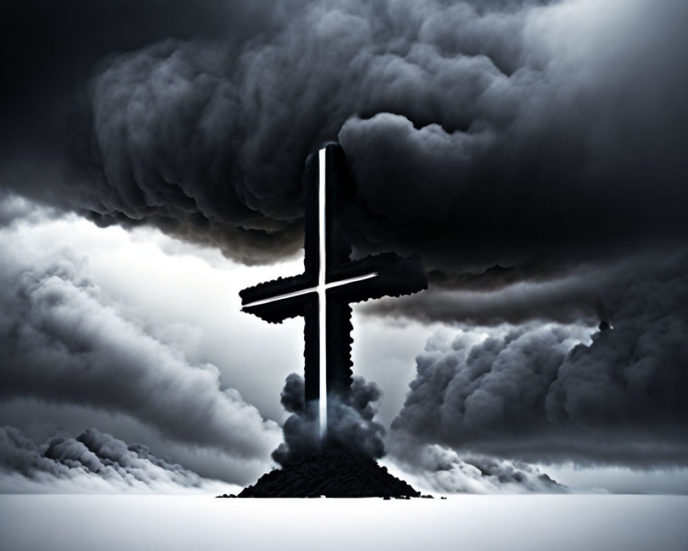 Dramatic large cross under ominous clouds with shining light