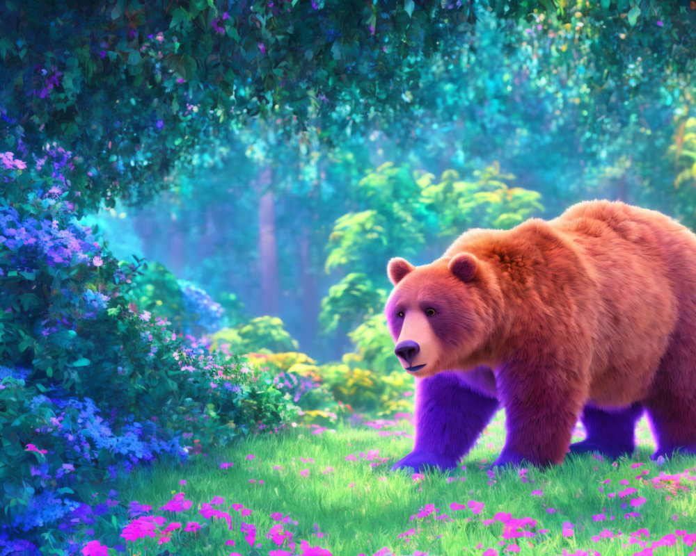 Colorful Bear in Enchanting Forest with Purple Flowers