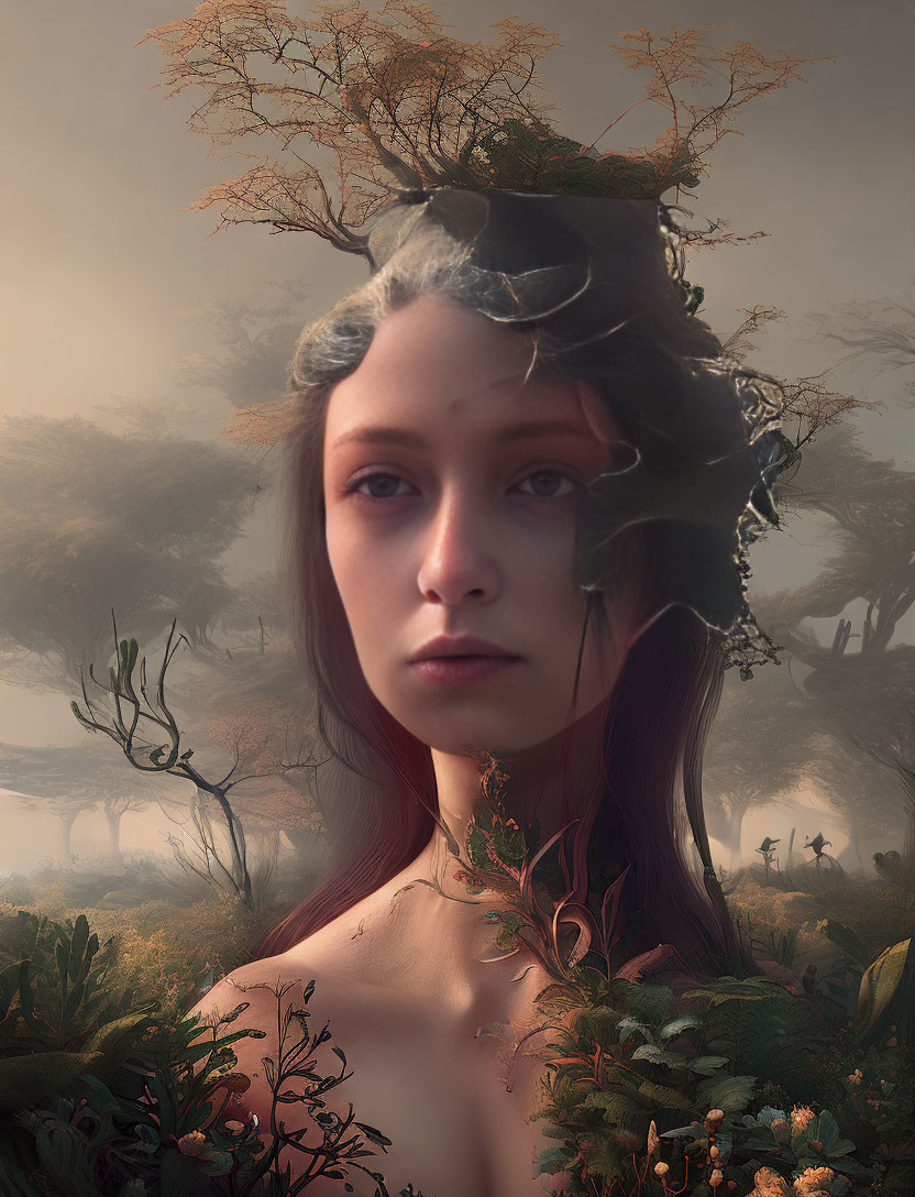Woman merged with nature elements in mystical portrait.