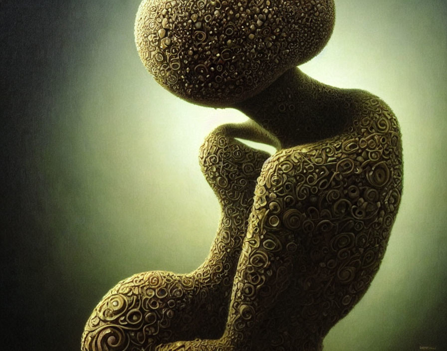 Abstract humanoid figure painting with intricate swirling patterns, seated contemplatively