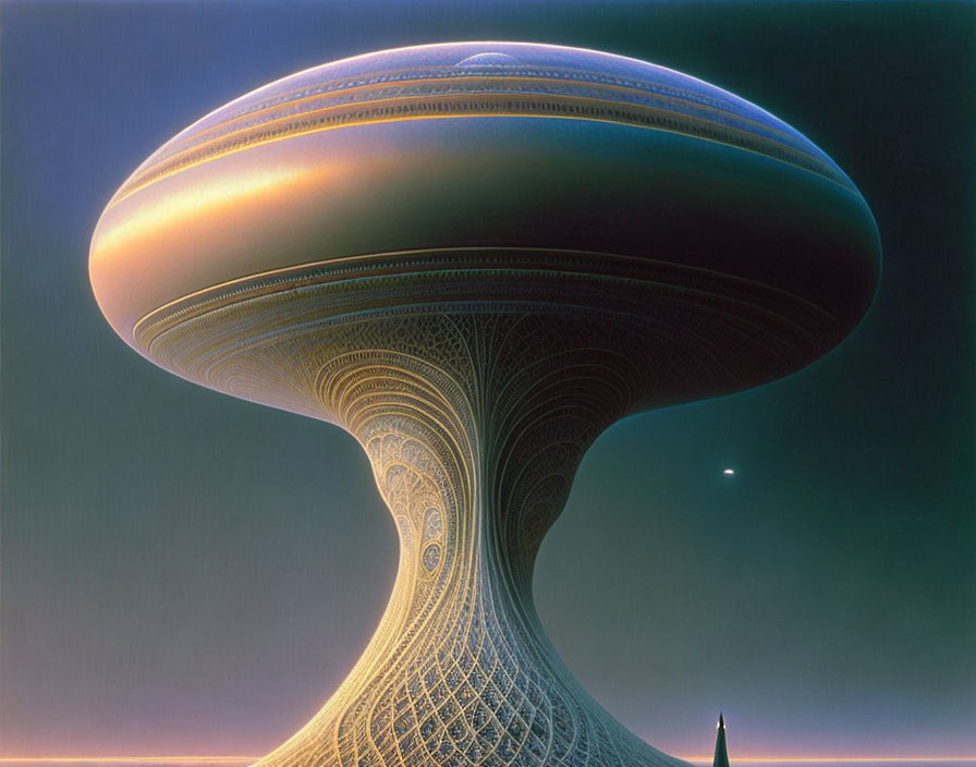 Digitally created mushroom structure against gradient sky