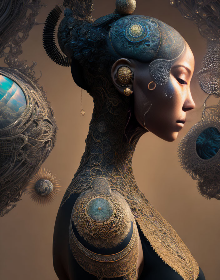 Surreal digital artwork featuring ornate humanoid figure with celestial bodies on neutral backdrop
