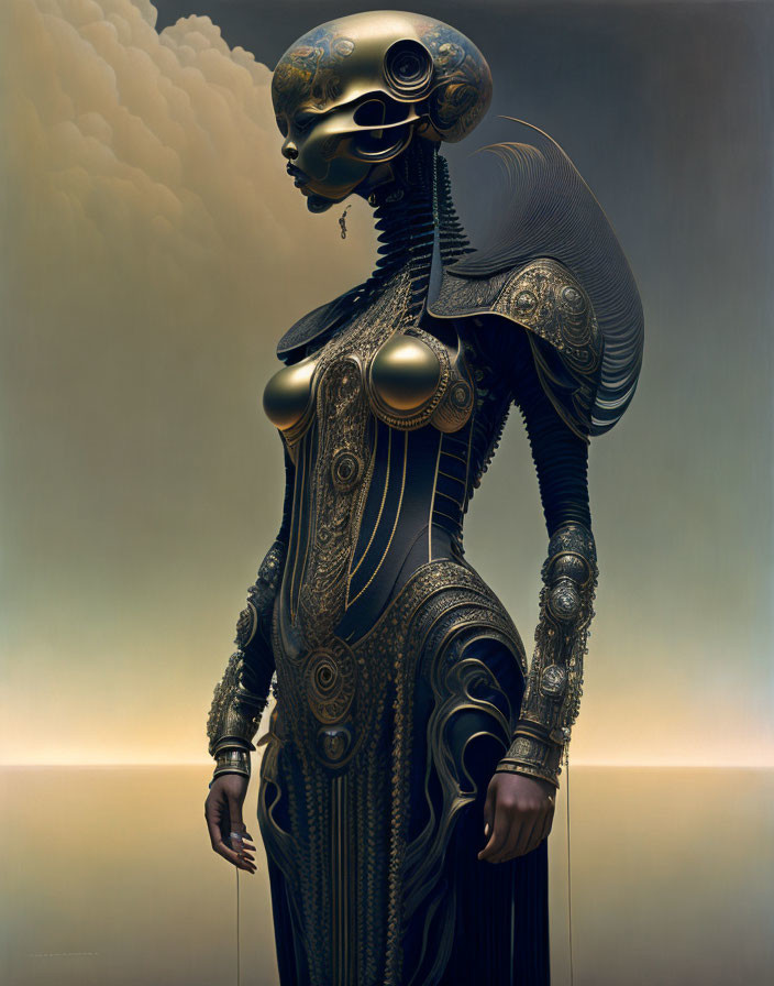 Golden and Black Metallic Humanoid Robot Against Cloudy Background