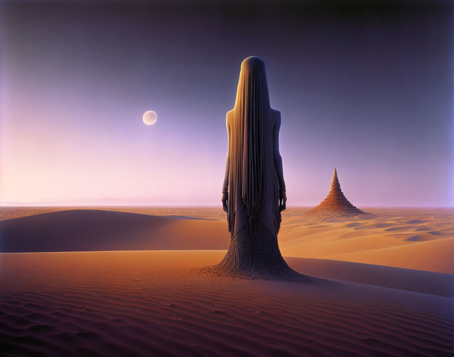 Surreal desert landscape with cloaked figure, moon, sand dunes, and pyramid.