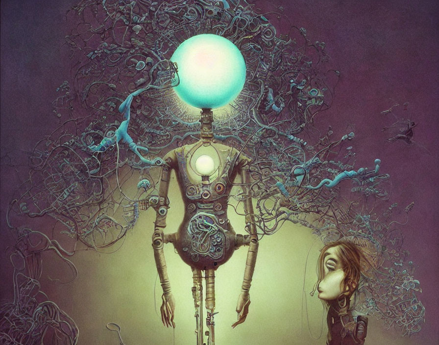 Surreal illustration of robotic figure and mesmerized human