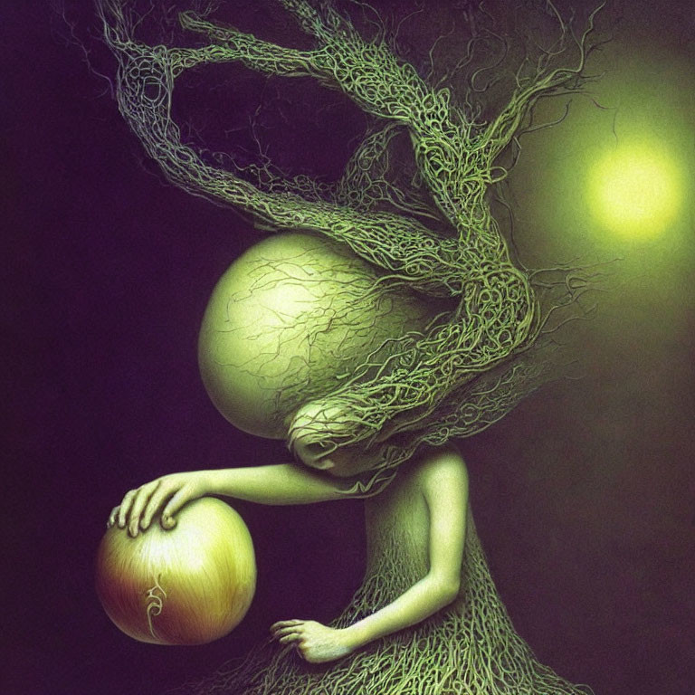 Surrealist artwork: humanoid figure with tree-like head holding glowing orb in mystical green ambiance