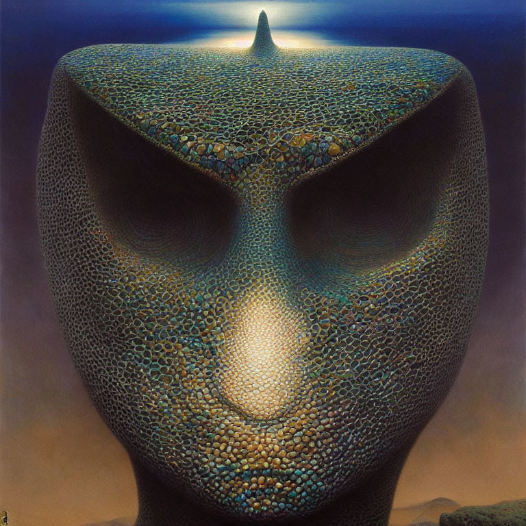 Surreal artwork of textured face with figure on nose against dusky sky