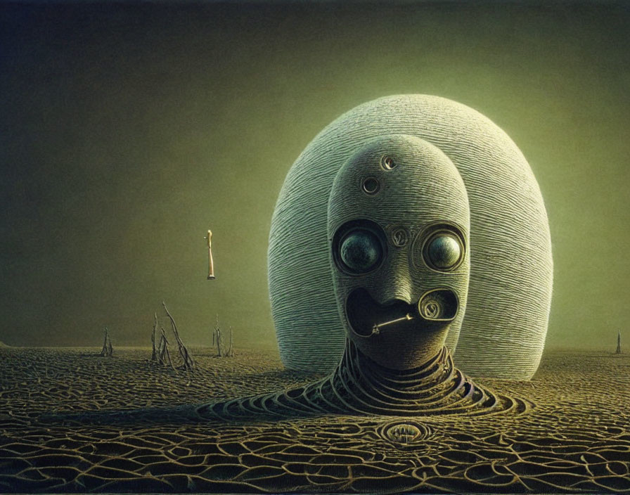 Surreal desert landscape with face and multiple eyes under eerie light