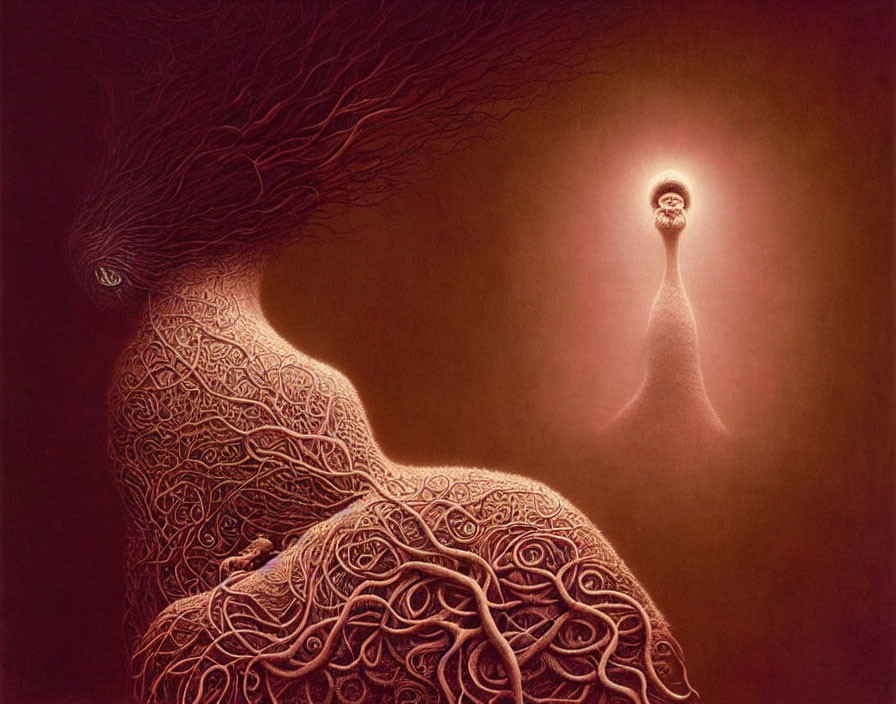 Surreal illustration of woman with tree-like hair and luminous figure in warm glow