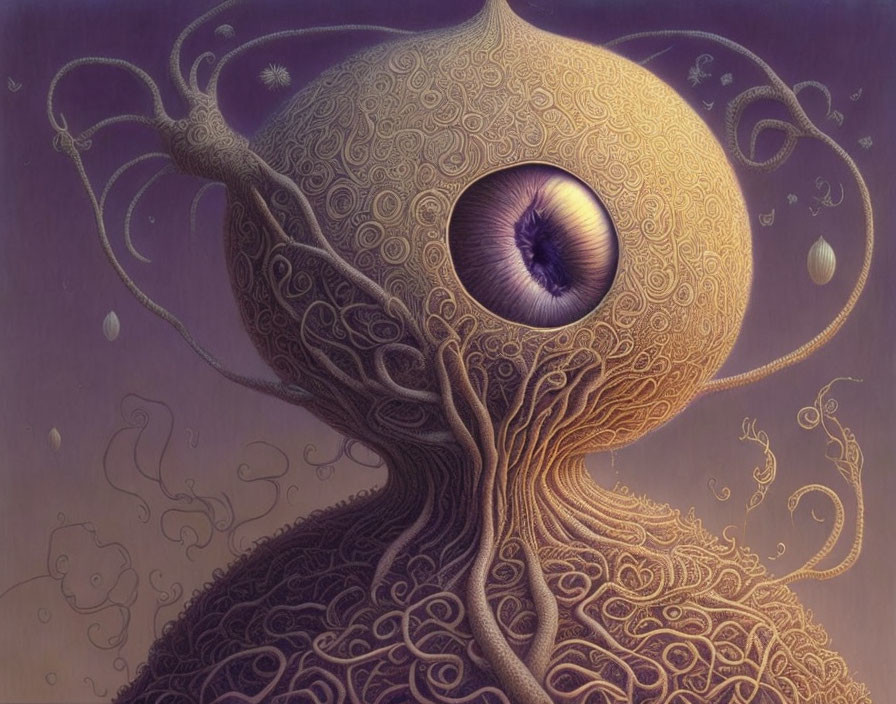 Intricate surreal artwork: tree with central eye on purple background.