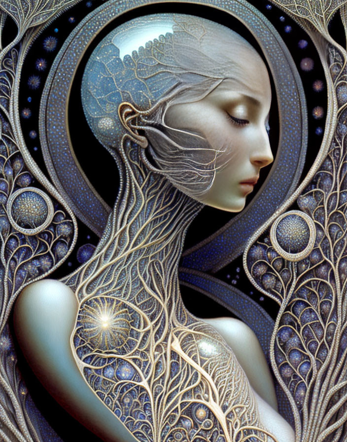 Fantasy-style illustration of a woman with pale skin, closed eyes, surrounded by intricate cosmic motifs in
