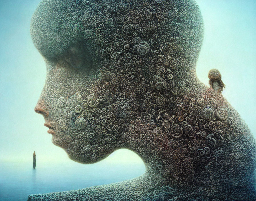 Surreal Artwork: Woman's Profile & Seated Figure with Ocean Background
