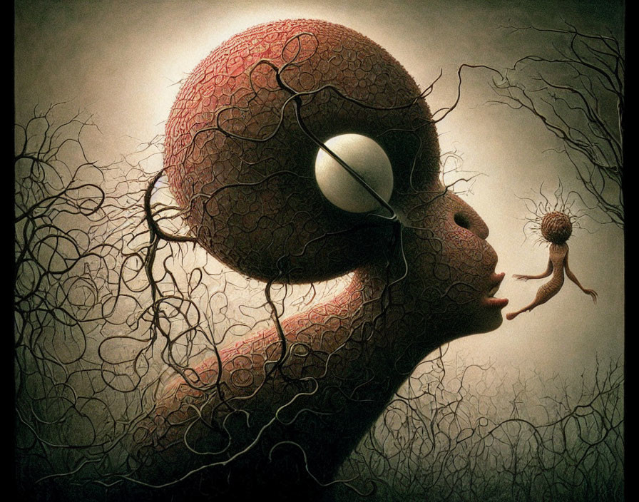 Surreal artwork: cracked head with one eye, branches, small figure, dark background
