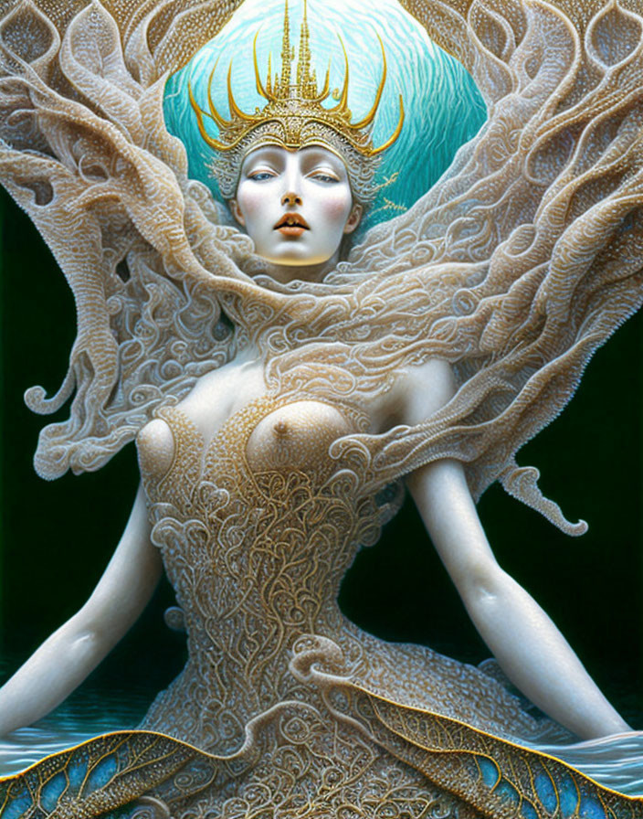 Ethereal Figure with Pale Blue Headdress and Golden Patterns Floating on Water