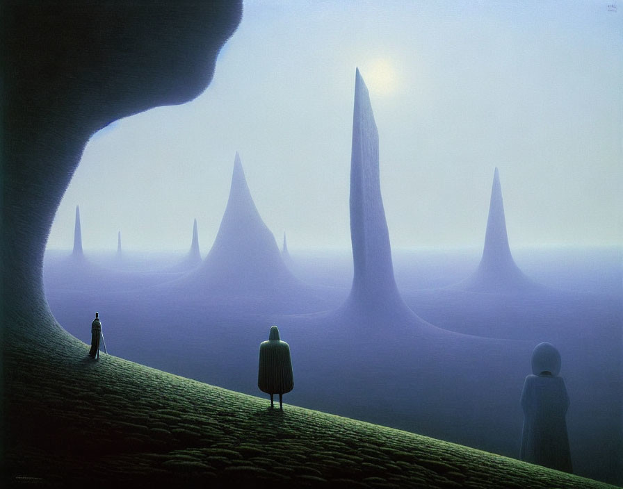 Three robed figures on green terrain gazing at spire-like structures under a blue haze