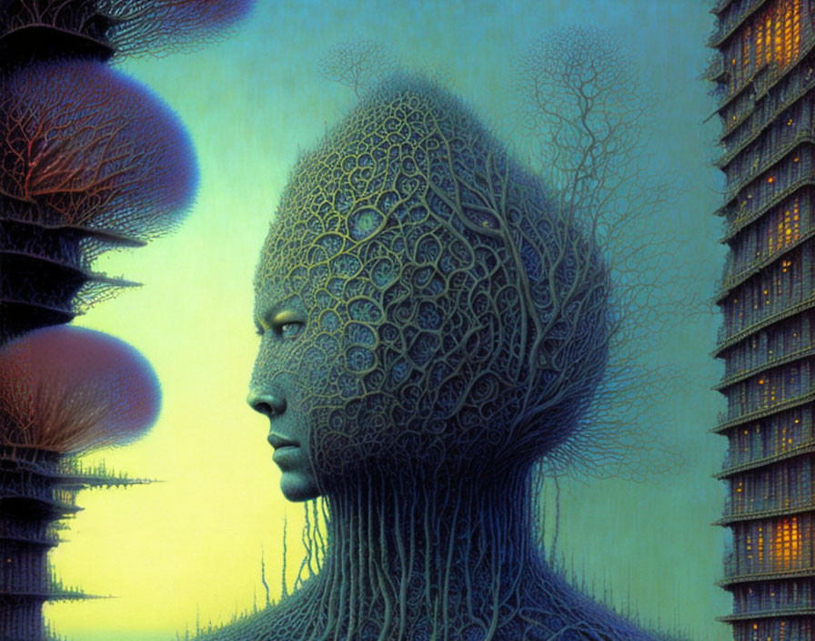 Surreal Human Profile Artwork with Tree-Like Patterns in Otherworldly Setting