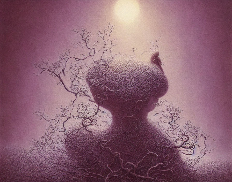 Surreal artwork: Person with branches on head in pink backdrop with luminous orb