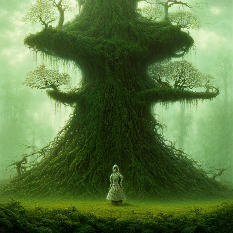Person in mystical forest gazes at giant tree in green mist