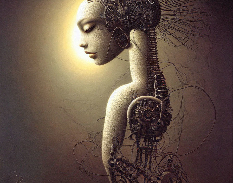 Detailed portrait of humanoid robot with mechanical spine and serene expression