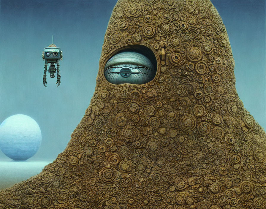 Large eye mound with circular patterns, hovering robot on blue sphere.