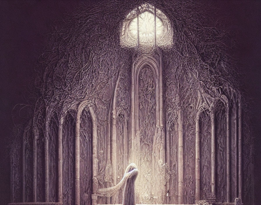 Ghostly figure in gothic hall with tall columns and ornate window