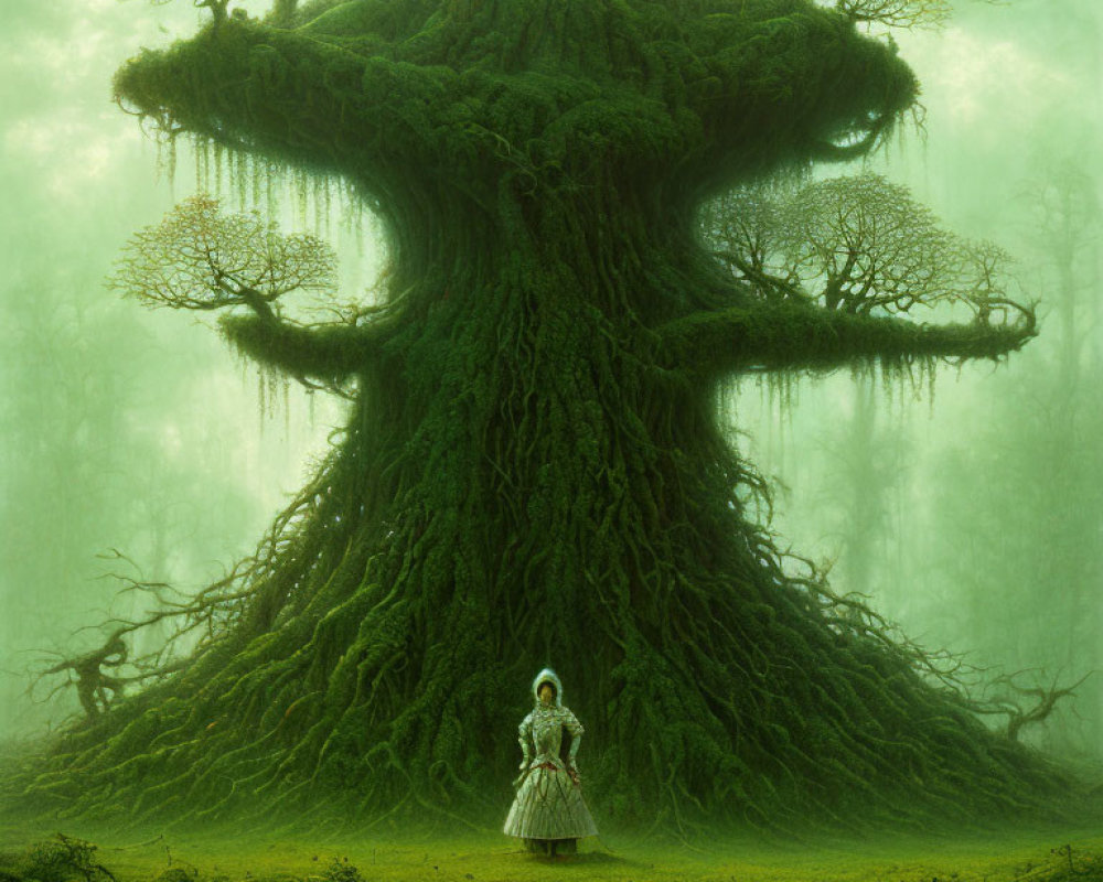 Person in mystical forest gazes at giant tree in green mist