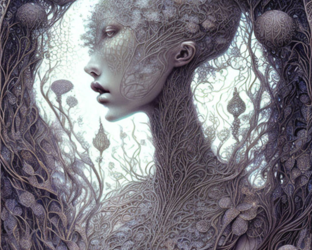 Surreal ethereal being with tree-like hair and intricate skin patterns