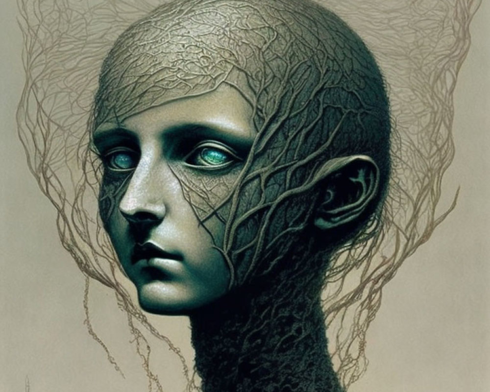 Surreal portrait: person with tree branch-like structures and blue eyes