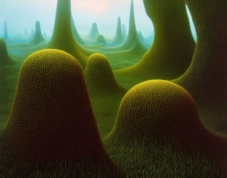 Mossy textured hills in surreal green landscape