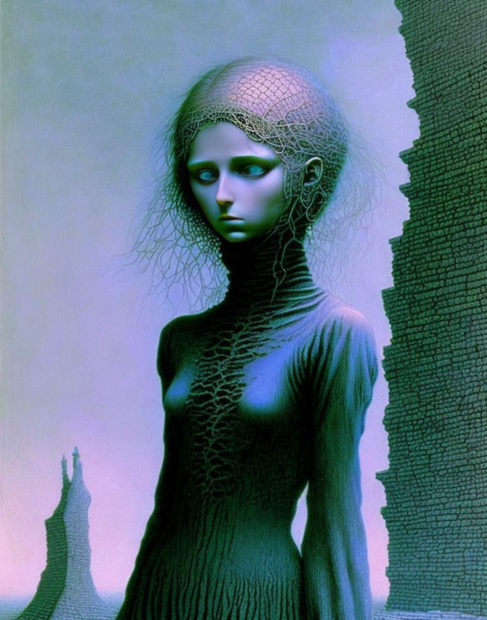 Digital artwork of blue-skinned female with mesh-like hair in surreal setting