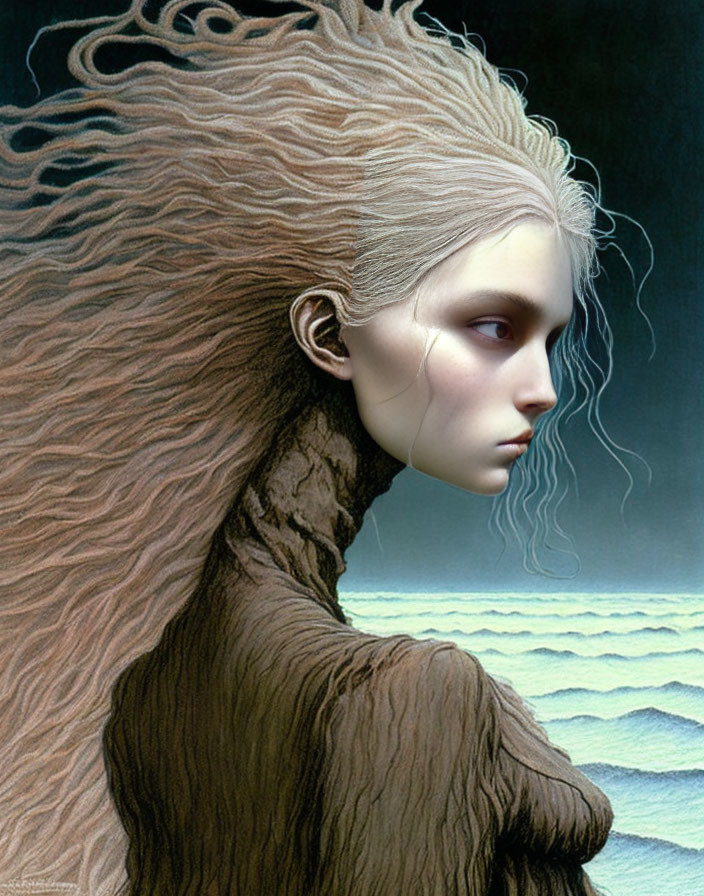Pale ethereal woman with tree-like hair beside ocean