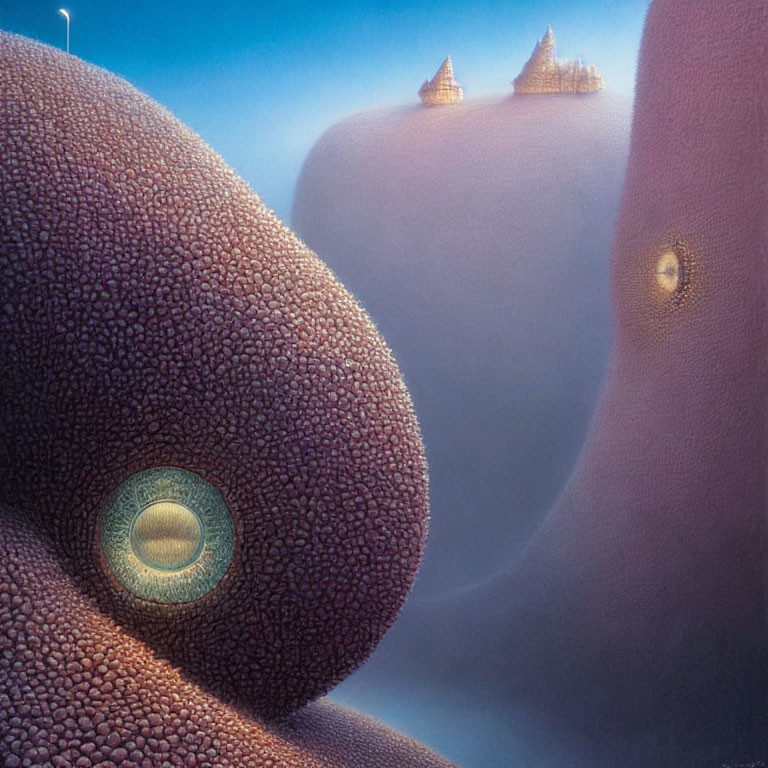 Surrealist landscape with purple hills, glowing orb, and golden castles at twilight