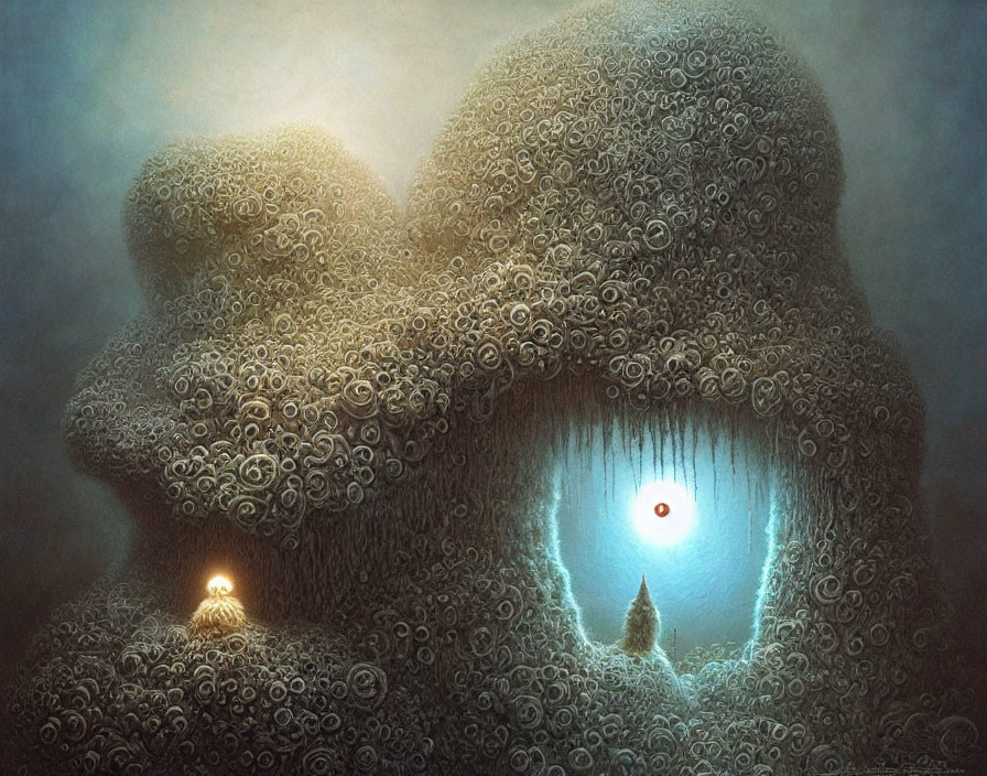 Surreal landscape featuring giant skull formation with glowing eye and luminous figure