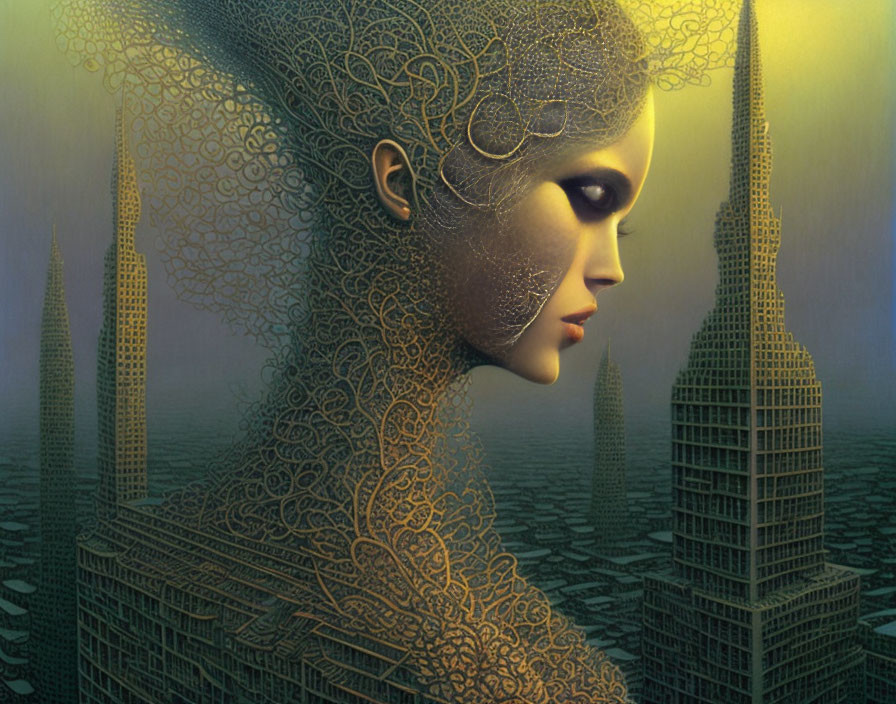 Surreal portrait of a woman with lace-like patterns in cityscape background