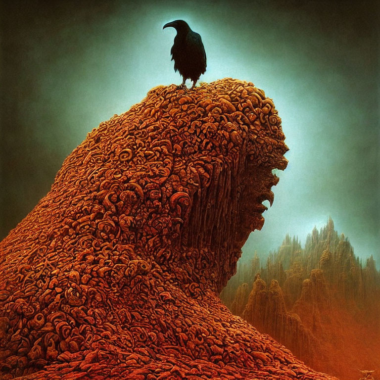 Raven perched on surreal twisted root mound in misty forest landscape