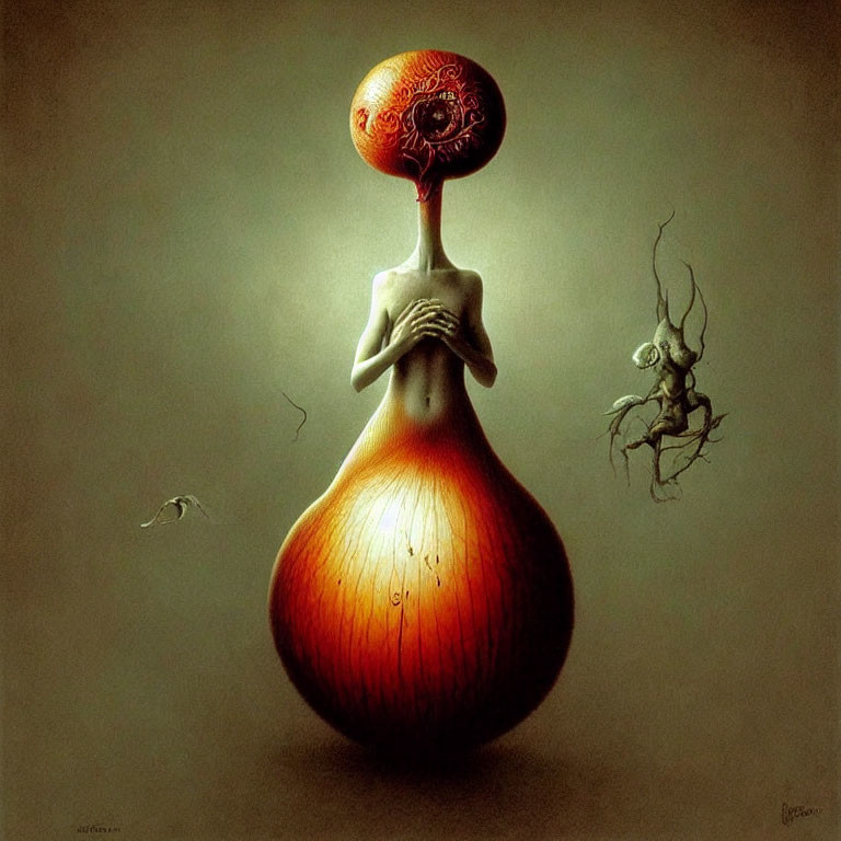 Surreal painting featuring figure with onion-like lower body and abstract form