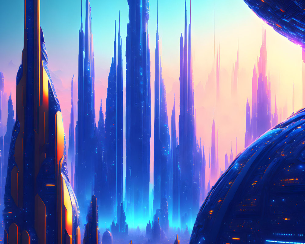 Blue skyscrapers and neon lights in futuristic cityscape at twilight