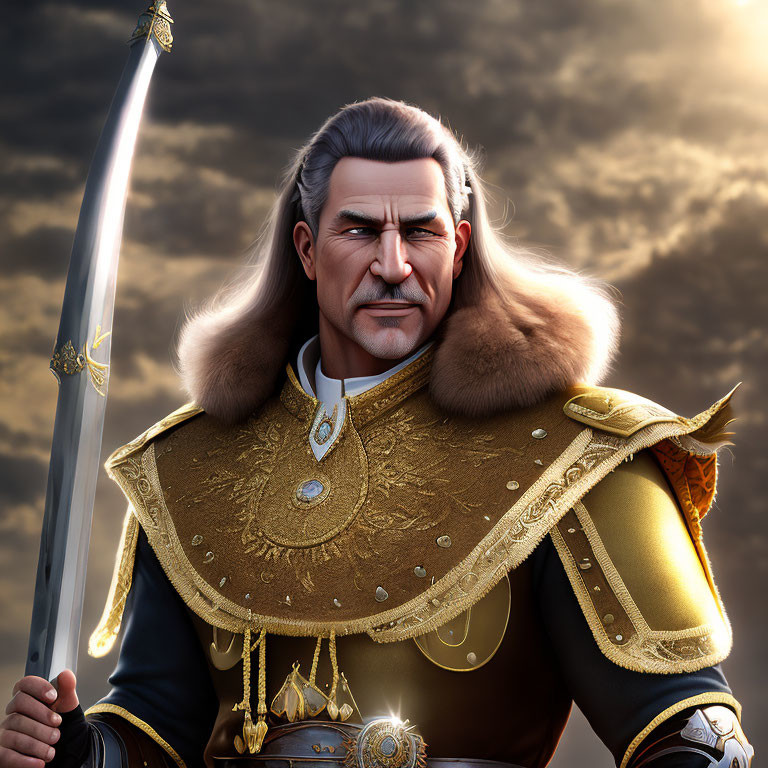 Regal warrior in golden armor with fur collar and longsword against cloudy sky