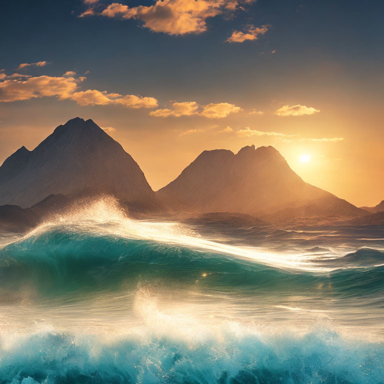 Majestic mountains and crashing waves at sunrise