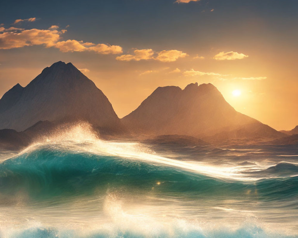 Majestic mountains and crashing waves at sunrise